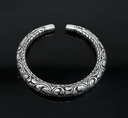 Sterling silver handmade tribal bangle bracelet with chitai work and pearls, unisex personalized tribal jewelry by TRIBAL ORNAMENTS.