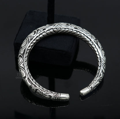 Sterling silver handmade bangle bracelet with chitai work and pearls, unisex tribal jewelry by TRIBAL ORNAMENTS.