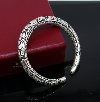Sterling silver handmade bangle bracelet with chitai work, pearls, and tribal design, unisex personalized tribal jewelry by TRIBAL ORNAMENTS