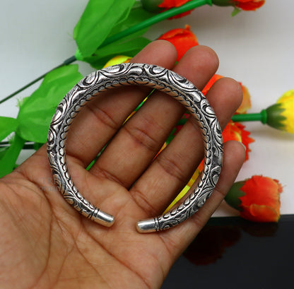 Sterling silver handmade bangle with chitai work, pearl accents, unisex tribal jewelry, personalized design by TRIBAL ORNAMENTS.
