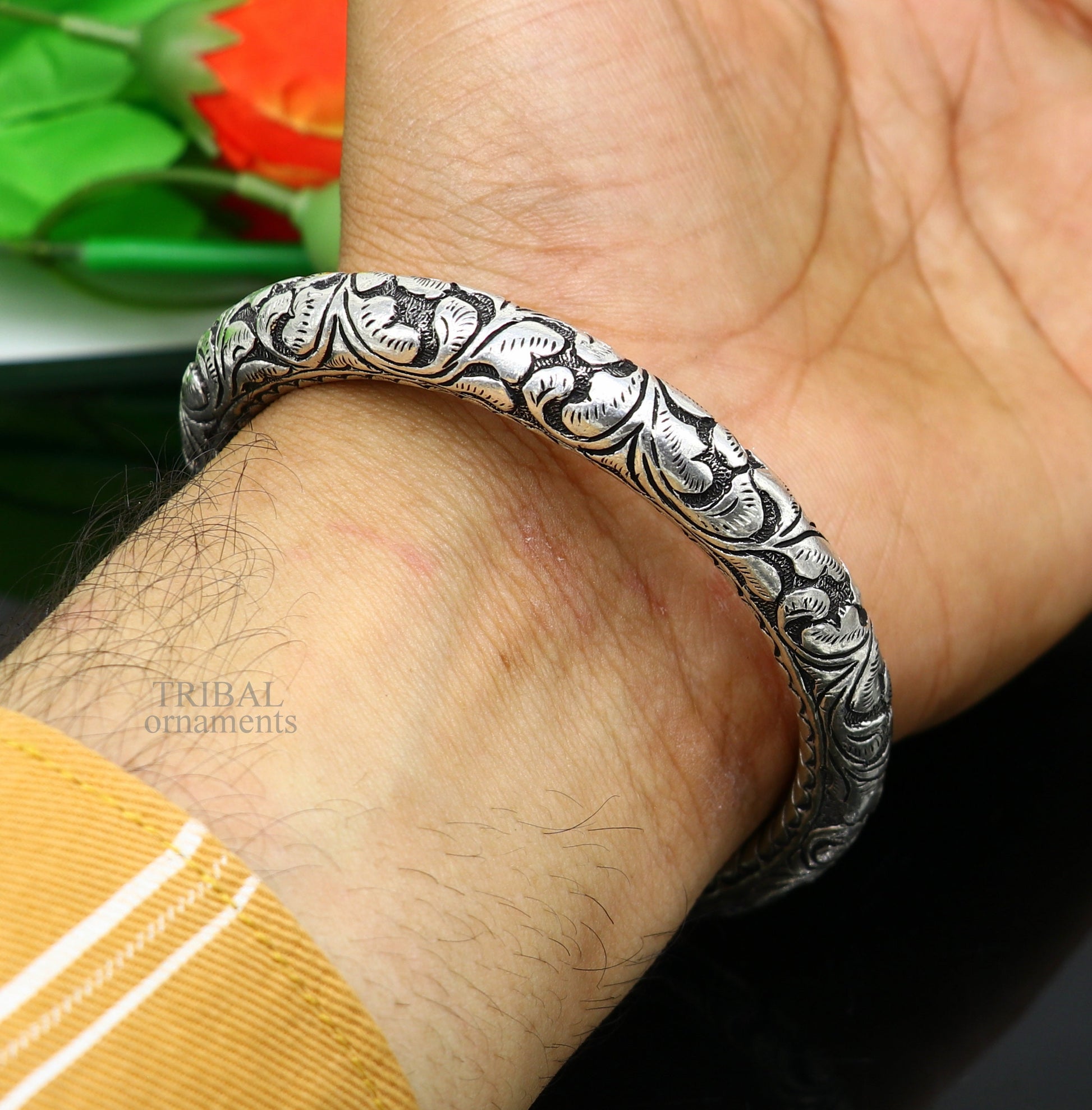 925 Sterling silver handmade fabulous chitai work customized bangle bracelet kada with pearl unisex personalized tribal jewelry nsk450 - TRIBAL ORNAMENTS