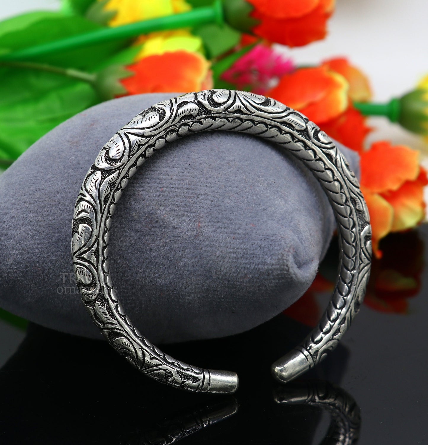 925 Sterling silver handmade fabulous chitai work customized bangle bracelet kada with pearl unisex personalized tribal jewelry nsk450 - TRIBAL ORNAMENTS