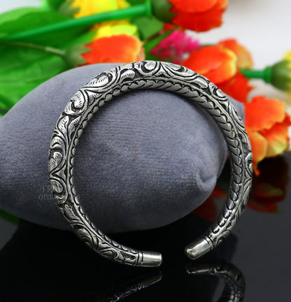 Sterling silver handmade tribal bangle bracelet with chitai work, pearl accents, unisex design, personalized tribal jewelry by Tribal Ornaments.