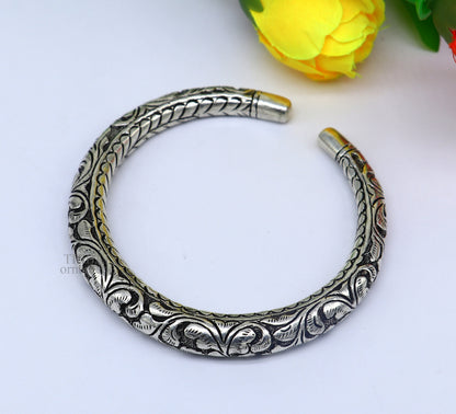Sterling silver handmade tribal bangle bracelet with chitai work, pearls, unisex design, personalized tribal jewelry by Tribal Ornaments
