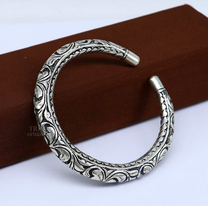 Sterling silver handmade tribal bangle bracelet with chitai work and pearl accents, unisex, personalized tribal jewelry by Tribal Ornaments