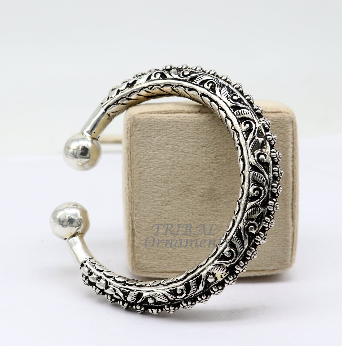 Sterling silver handmade tribal bangle bracelet with chitai work, pearl accents, unisex, personalized tribal jewelry by TRIBAL ORNAMENTS.