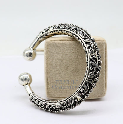 Sterling silver handmade tribal bangle bracelet with chitai work, pearl accents, unisex, personalized tribal jewelry by TRIBAL ORNAMENTS.
