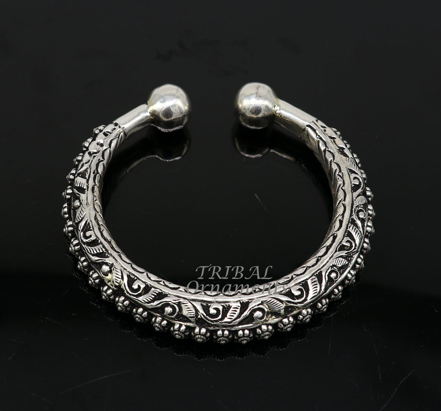 Sterling silver handmade tribal bangle bracelet with chitai work, pearl accents, unisex design, personalized tribal jewelry by Tribal Ornaments.