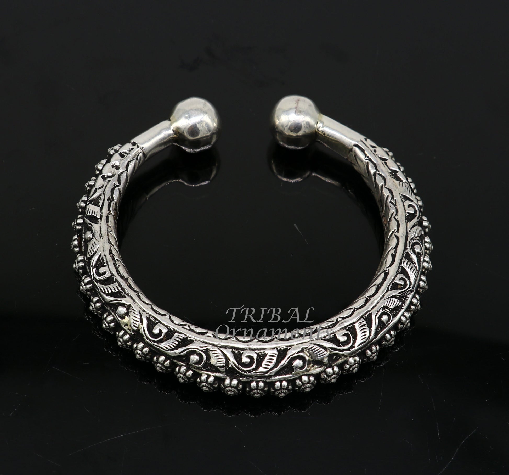 Sterling silver handmade tribal bangle bracelet with chitai work, pearl accents, unisex design, personalized tribal jewelry by Tribal Ornaments.