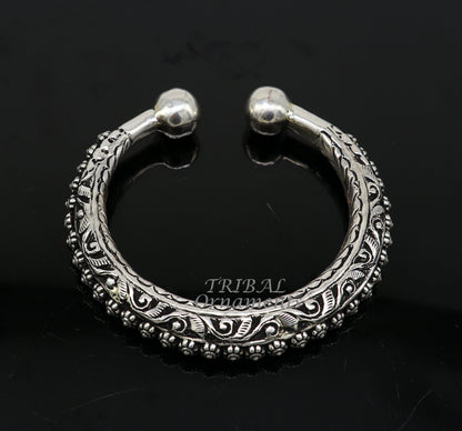 Sterling silver handmade tribal bangle bracelet with chitai work, pearl accents, unisex design, personalized tribal jewelry by Tribal Ornaments.