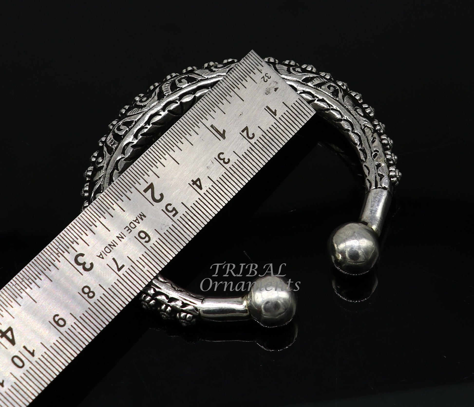 925 Sterling silver handmade bangle bracelet with chitai work, pearls, and tribal design, unisex customized jewelry by Tribal Ornaments