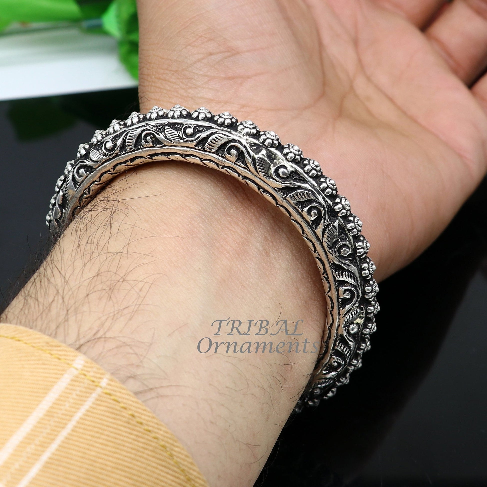 Sterling silver handmade bangle bracelet with chitai work and pearl accents, unisex tribal jewelry by Tribal Ornaments.