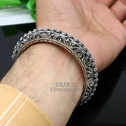 Sterling silver handmade bangle bracelet with chitai work and pearl accents, unisex tribal jewelry by Tribal Ornaments.