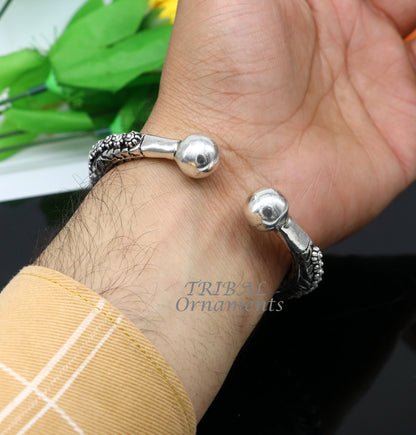 925 Sterling silver handmade tribal bangle bracelet with chitai work, pearls, and personalized unisex design by Tribal Ornaments.