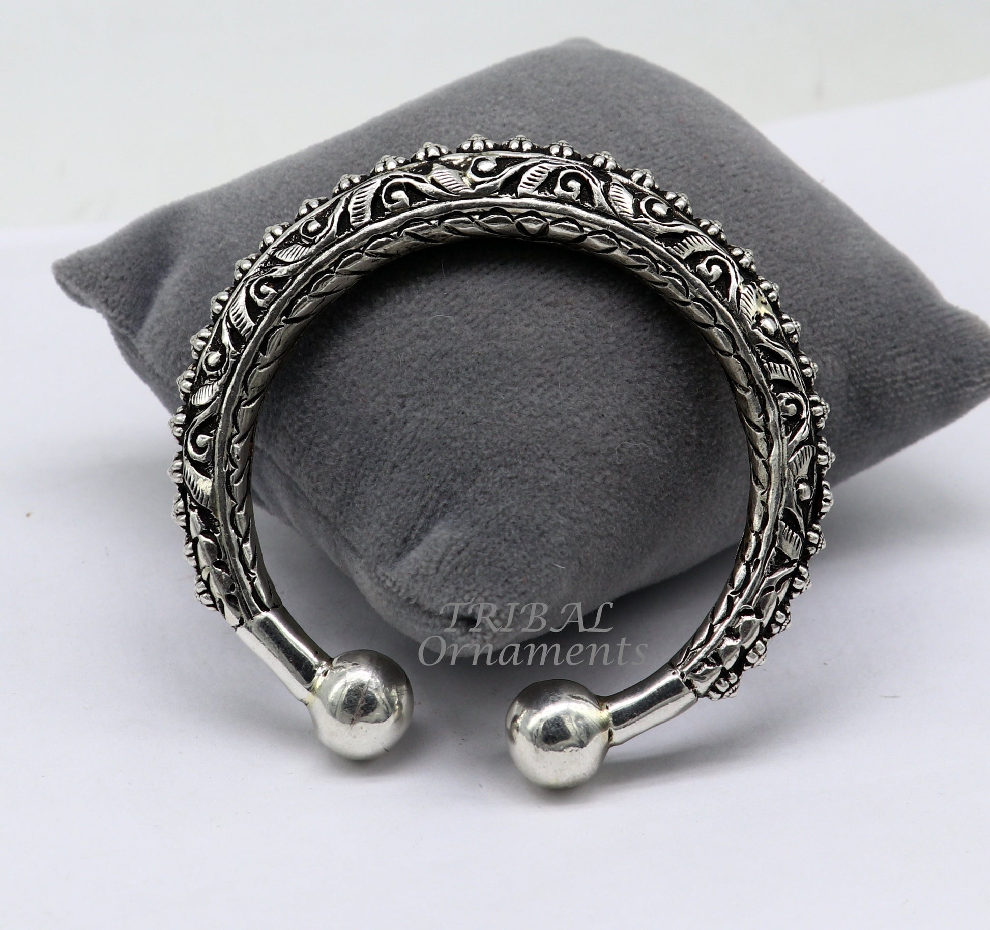 925 Sterling silver handmade bangle bracelet with chitai work and pearls, unisex tribal jewelry by Tribal Ornaments