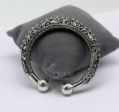 925 Sterling silver handmade bangle bracelet with chitai work and pearls, unisex tribal jewelry by Tribal Ornaments