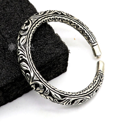 Sterling silver handmade bangle bracelet with chitai work, pearls, and tribal design, unisex, personalized tribal jewelry by TRIBAL ORNAMENTS.