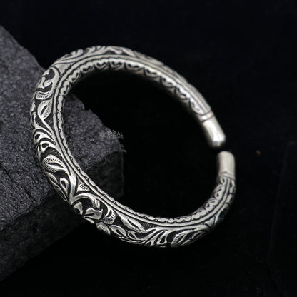 Sterling silver handmade tribal bangle bracelet with chitai work and pearl accents, unisex personalized tribal jewelry from TRIBAL ORNAMENTS