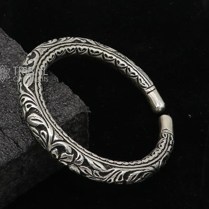 Sterling silver handmade tribal bangle bracelet with chitai work and pearls, unisex personalized tribal jewelry by TRIBAL ORNAMENTS