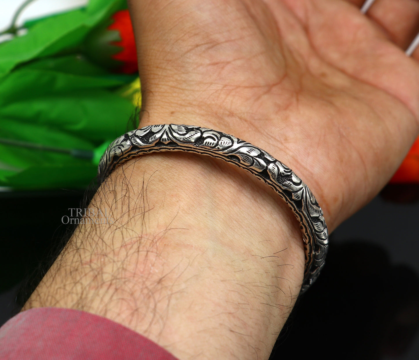 925 Sterling silver tribal bangle cuff featuring chitai work, customized unisex design, handcrafted ethnic jewelry by TRIBAL ORNAMENTS