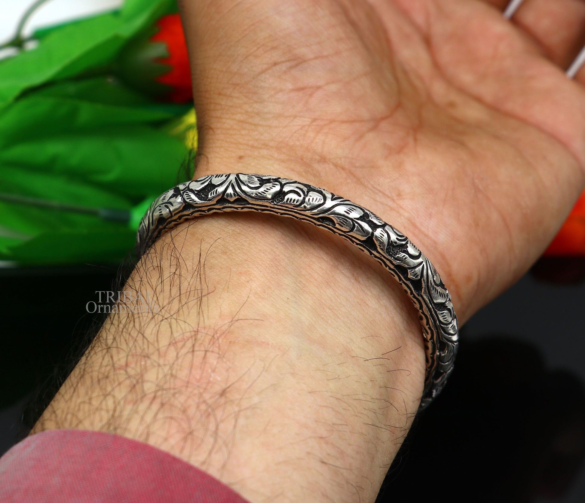925 Sterling silver tribal bangle cuff featuring chitai work, customized unisex design, handcrafted ethnic jewelry by TRIBAL ORNAMENTS