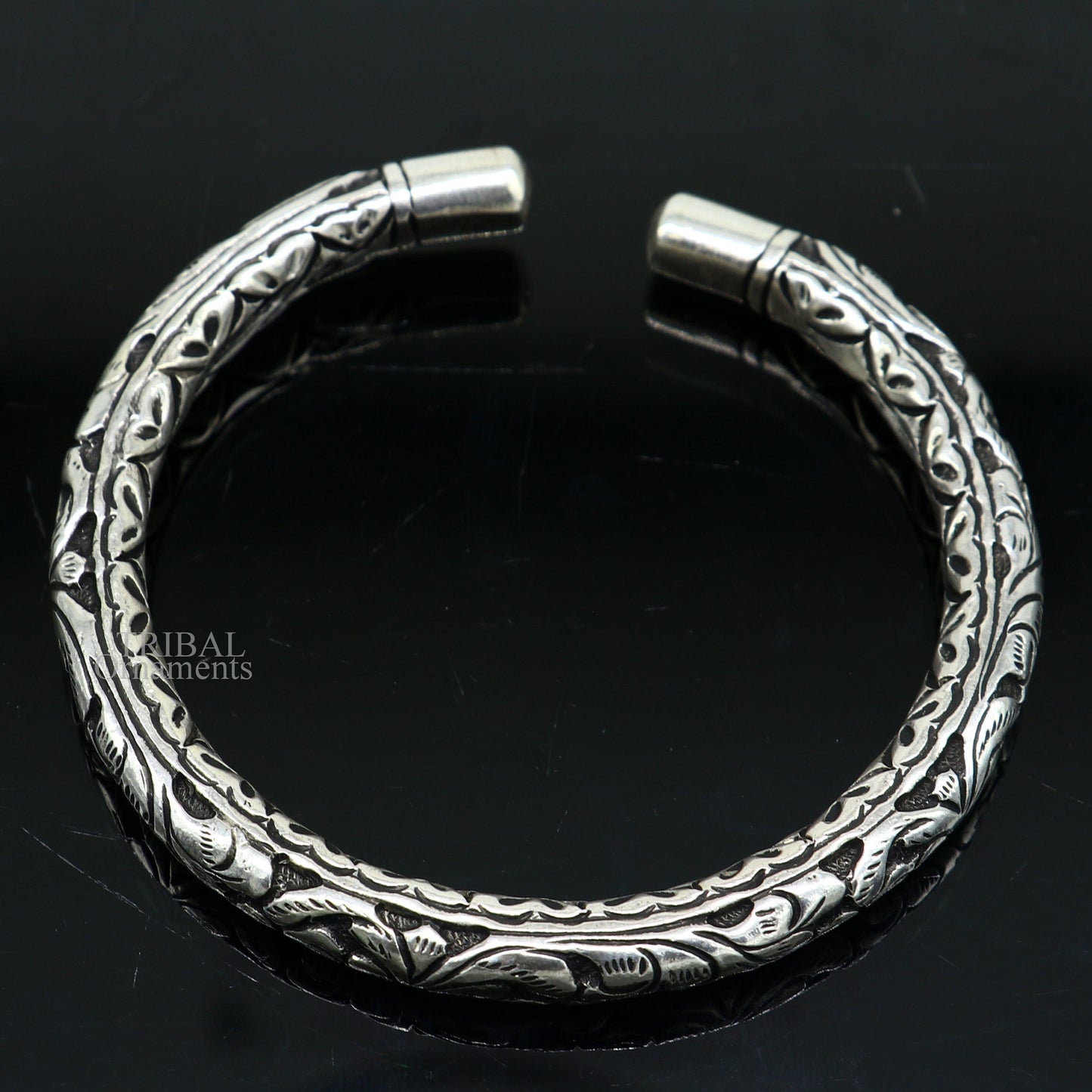 Unisex 925 Sterling silver tribal bangle cuff with intricate chitai work and customized design, handmade tribal jewelry by TRIBAL ORNAMENTS.
