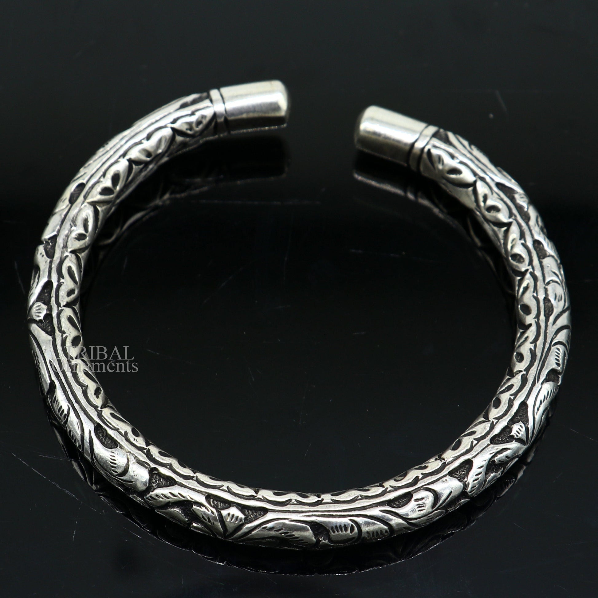 Unisex 925 Sterling silver tribal bangle cuff with intricate chitai work and customized design, handmade tribal jewelry by TRIBAL ORNAMENTS.
