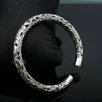 Sterling silver tribal bangle cuff with intricate chitai work, unisex handmade tribal jewelry by TRIBAL ORNAMENTS.