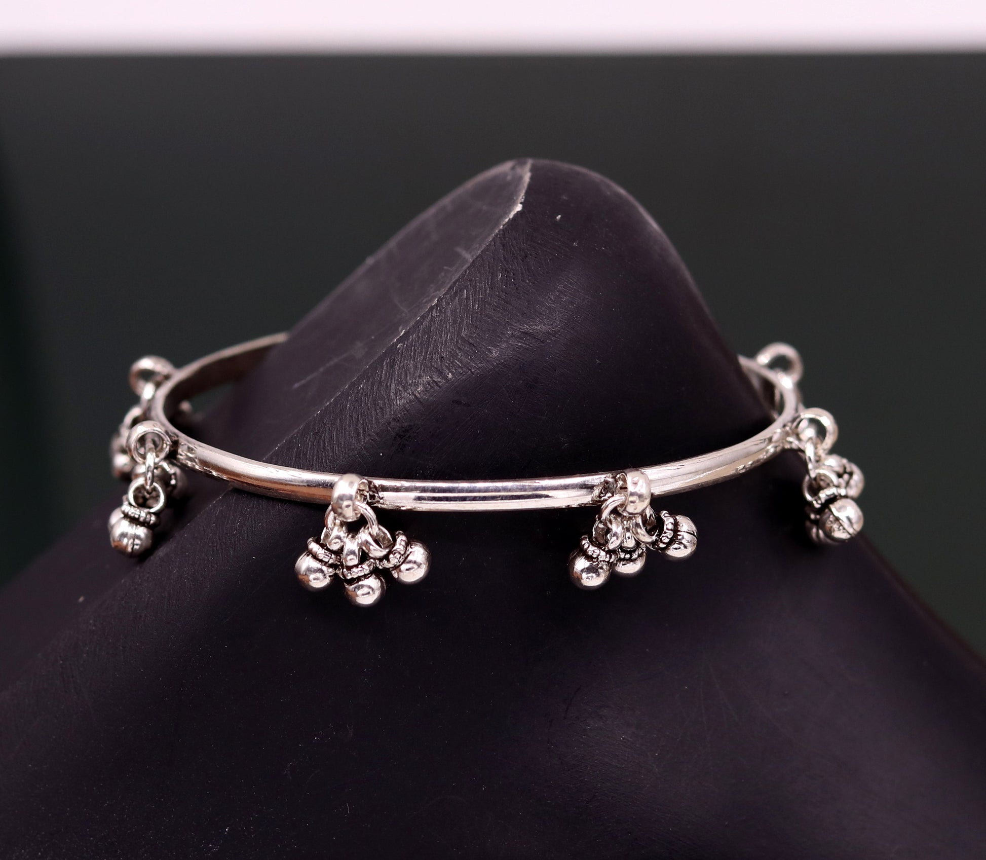 Sterling silver handmade charm bangle bracelet with tribal design, perfect for tribal belly dance jewelry, by TRIBAL ORNAMENTS.