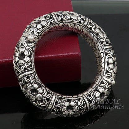 Sterling silver handmade flower work vintage bangle bracelet featuring traditional wedding jewelry design by TRIBAL ORNAMENTS.