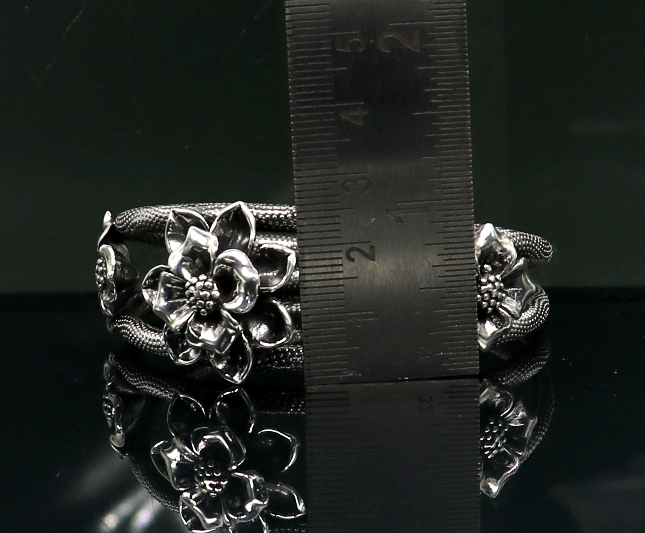 Sterling silver handmade floral bangle bracelet with vintage design, traditional wedding jewelry by TRIBAL ORNAMENTS.
