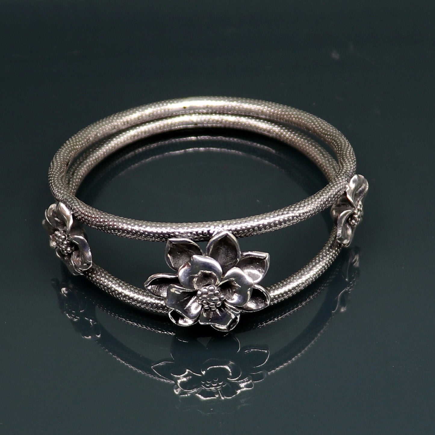Elegant 925 sterling silver handmade floral bangle bracelet with vintage design, traditional wedding jewelry by TRIBAL ORNAMENTS.
