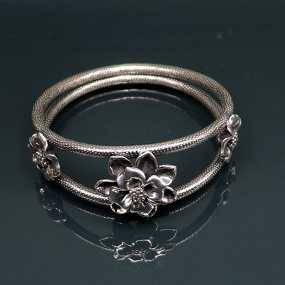 Elegant 925 sterling silver handmade floral bangle bracelet with vintage design, traditional wedding jewelry by TRIBAL ORNAMENTS.