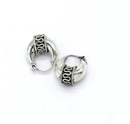 Sterling silver handmade hoop earrings with Bali antique style, unisex, customized tribal jewelry from Rajasthan, India.