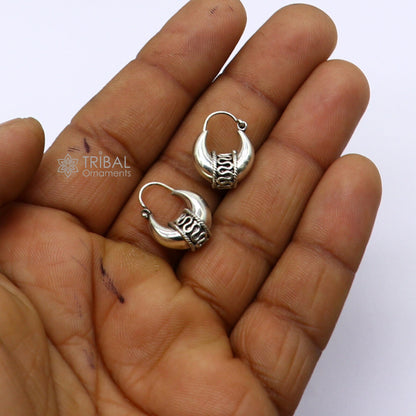 925 Sterling silver handmade hoops earrings with Bali antique style, unisex, customized tribal jewelry from Rajasthan, India