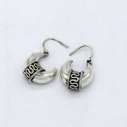 925 Sterling silver handmade hoops earrings with Bali antique style, unisex, customized tribal jewelry from Rajasthan India.