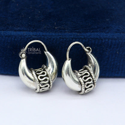 925 Sterling silver handmade hoop earrings with Bali antique style, unisex, customized tribal jewelry from Rajasthan, India.