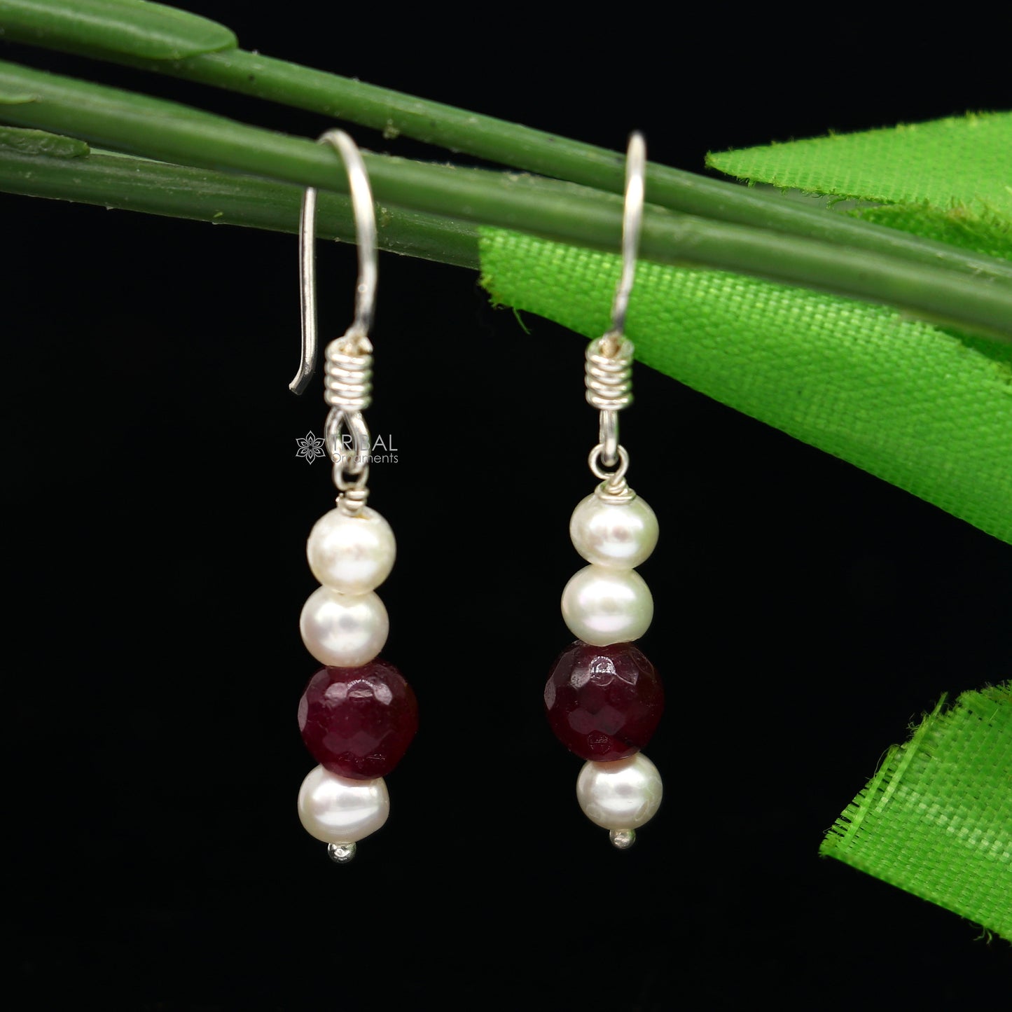 Sterling silver handmade hoop earrings with pearls from Tribal Ornaments, featuring a stylish and lightweight delicate jewelry design.