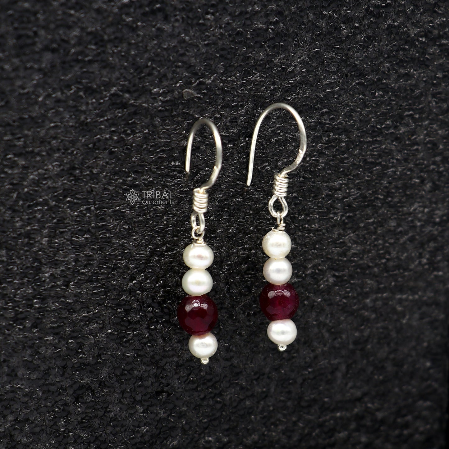 Sterling silver handmade hoop earrings with pearls and stones, lightweight and stylish, from Tribal Ornaments India.