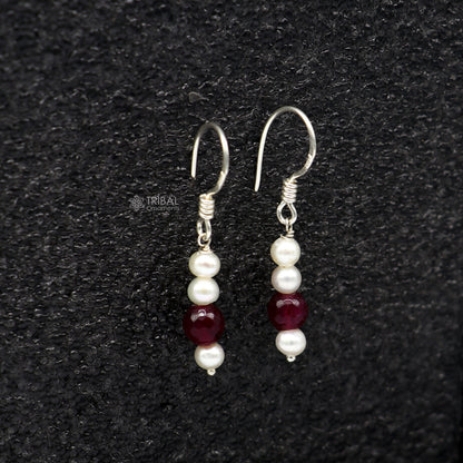 Sterling silver handmade hoop earrings with pearls and stones, lightweight and stylish, from Tribal Ornaments India.