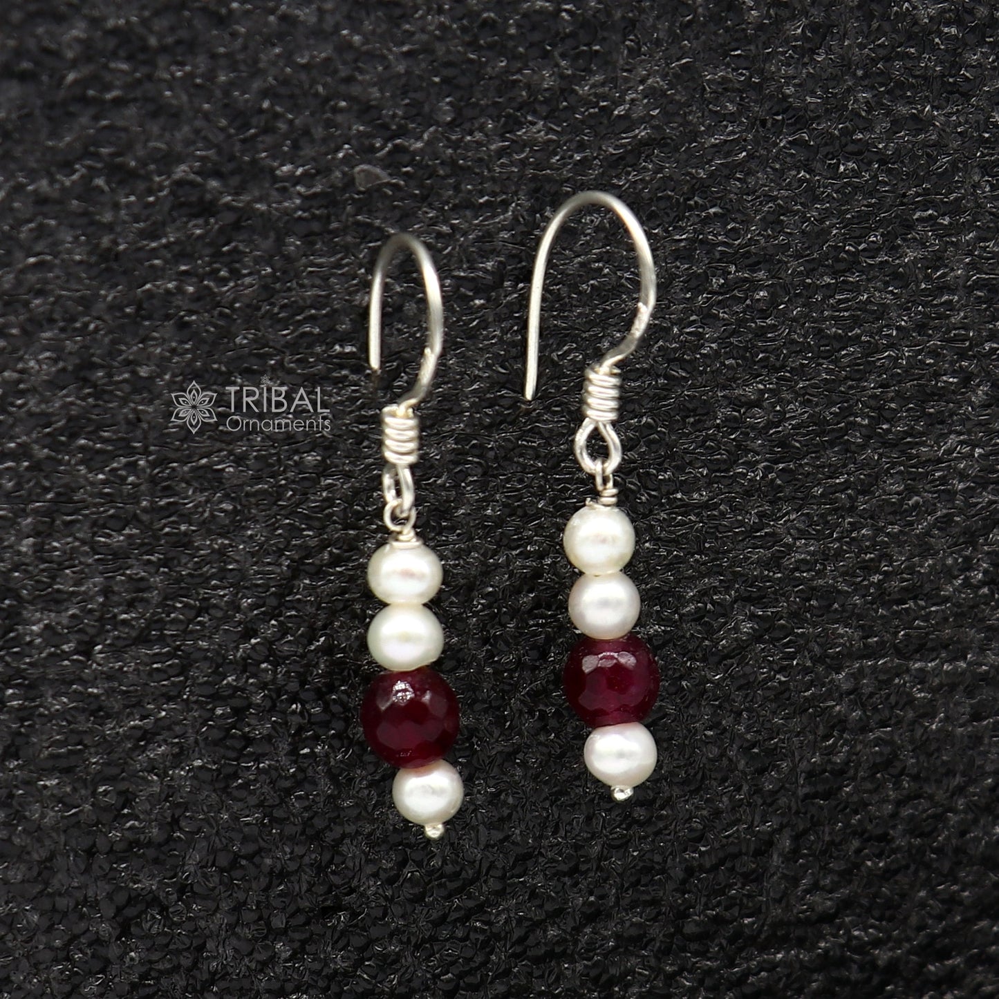 Sterling silver handmade hoop earrings with pearls and stones, lightweight and stylish jewelry from Tribal Ornaments India.