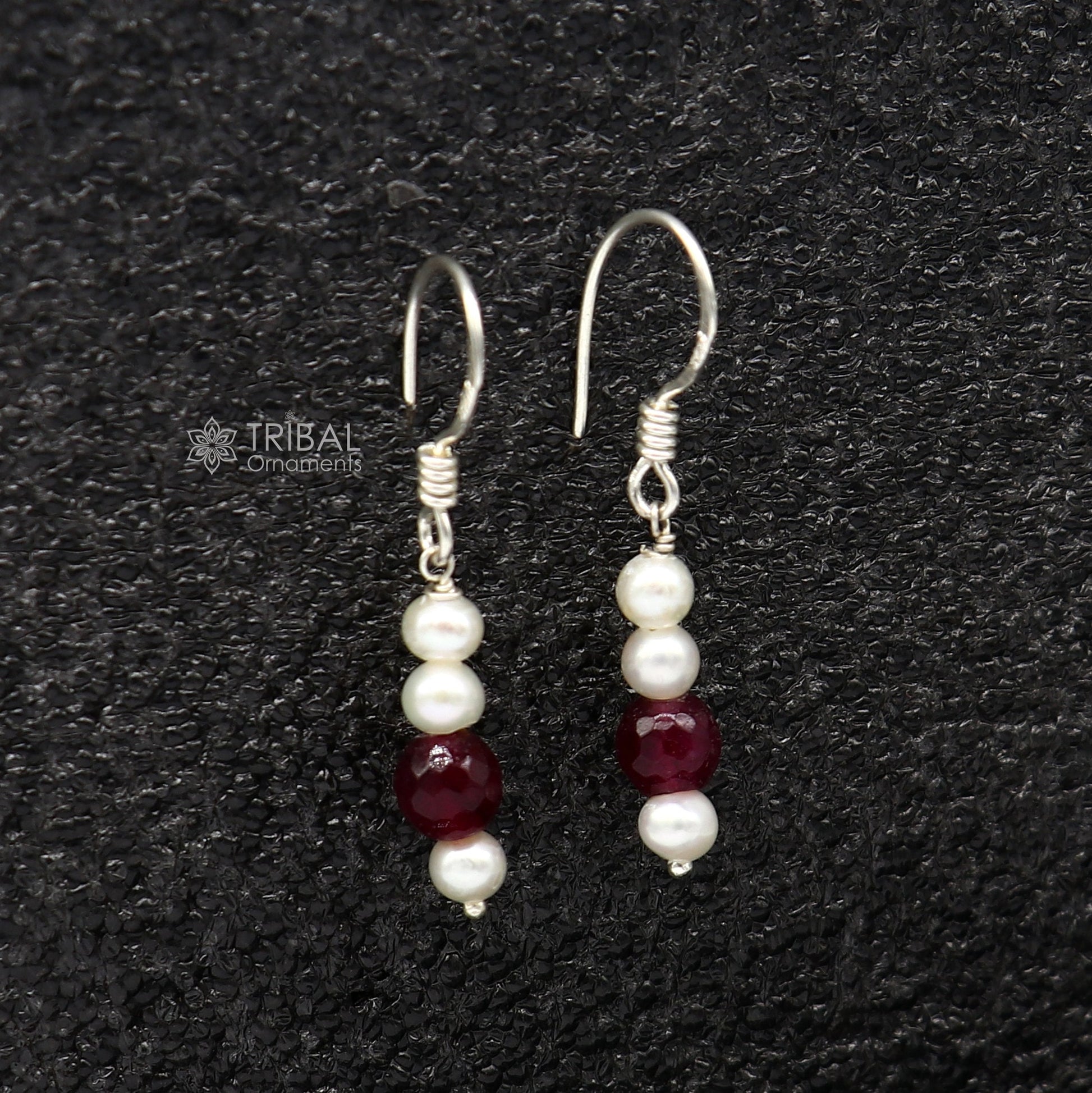 Sterling silver handmade hoop earrings with pearls and stones, lightweight and stylish jewelry from Tribal Ornaments India.