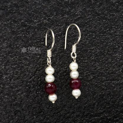Sterling silver handmade hoop earrings with pearls and stones, lightweight and stylish jewelry from Tribal Ornaments India.