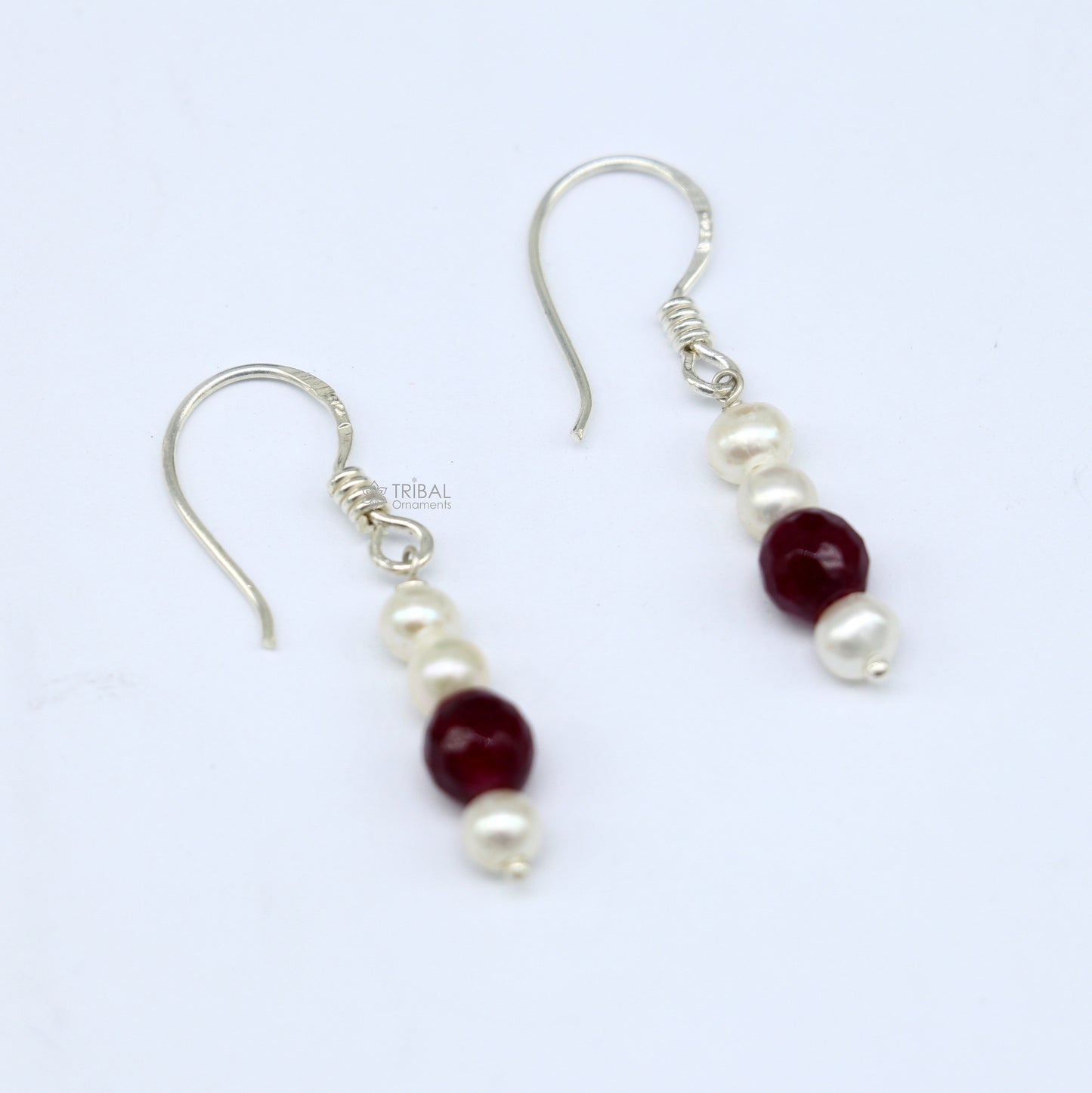 925 Sterling silver handmade hoop earrings with pearls and stones, lightweight and stylish tribal jewelry from India.