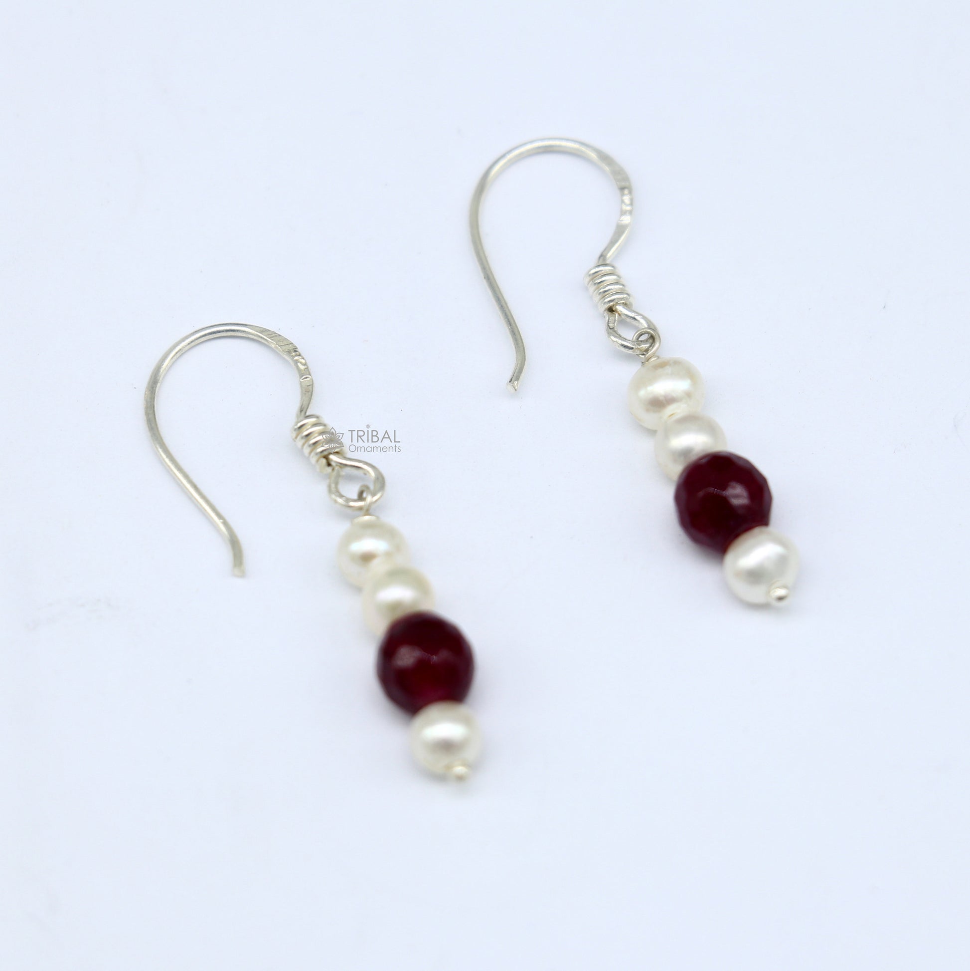 925 Sterling silver handmade hoop earrings with pearls and stones, lightweight and stylish tribal jewelry from India.