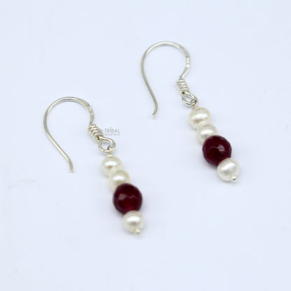 925 Sterling silver handmade hoop earrings with pearls and stones, lightweight and stylish tribal jewelry from India.