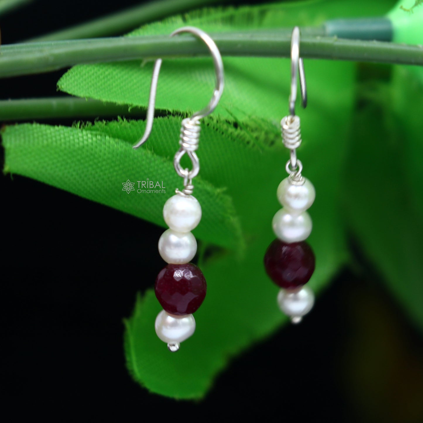 925 Sterling silver handmade hoop earrings with pearls, stylish lightweight jewelry from India by TRIBAL ORNAMENTS.