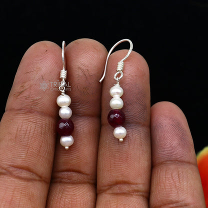 Sterling silver handmade hoops earrings with pearls and stones, lightweight and stylish delicate jewelry from India by Tribal Ornaments.