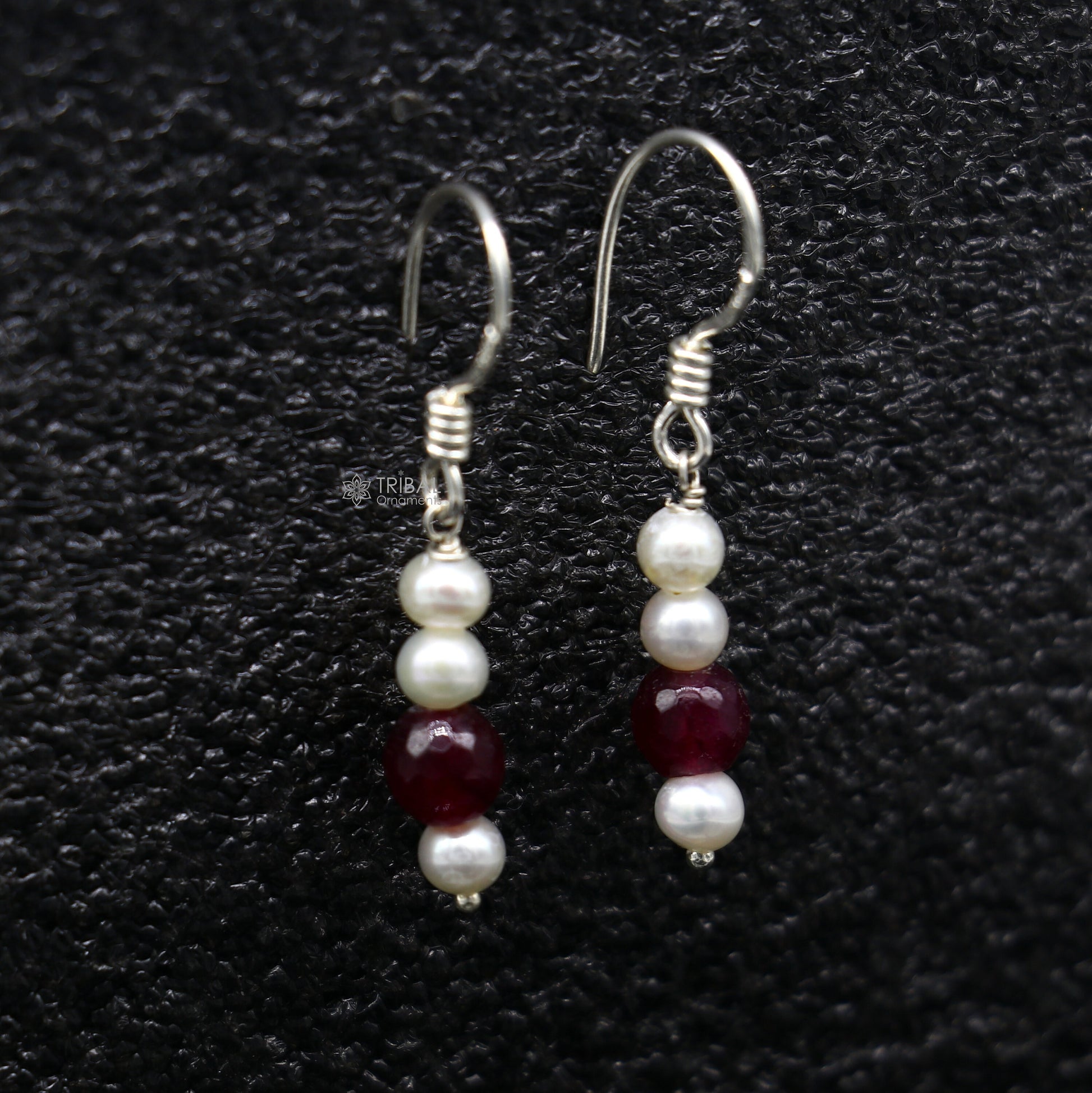 Sterling silver handmade hoop earrings with pearls and stones, lightweight and stylish jewelry from India by TRIBAL ORNAMENTS.