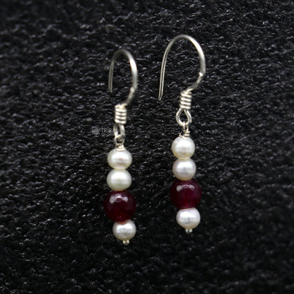 Sterling silver handmade hoop earrings with pearls and stones, lightweight and stylish jewelry from India by TRIBAL ORNAMENTS.